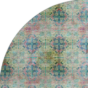 HomeRoots 8' Green Blush Teal Floral Medallion Washable Round Rug - UV Protected, Pet & Kid Friendly Design! 648925