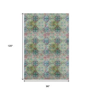 HomeRoots 8' X 10' Floral Medallion Washable Area Rug in Green, Blush & Teal - Stylish, Durable & UV Protected! 648926