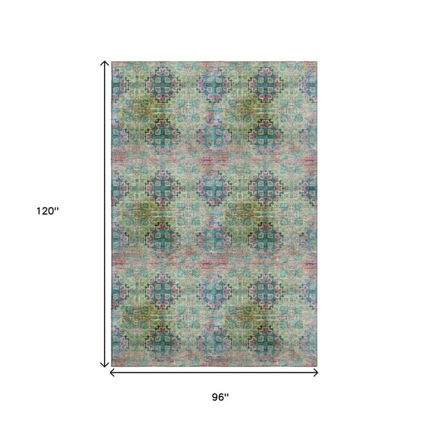 HomeRoots 8' X 10' Floral Medallion Washable Area Rug in Green, Blush & Teal - Stylish, Durable & UV Protected! 648926