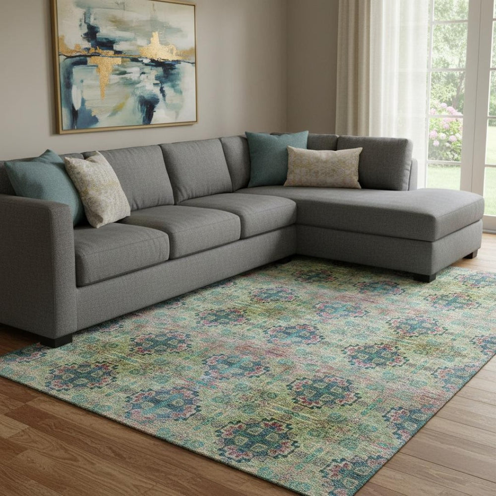 HomeRoots 8' X 10' Floral Medallion Washable Area Rug in Green, Blush & Teal - Stylish, Durable & UV Protected! 648926