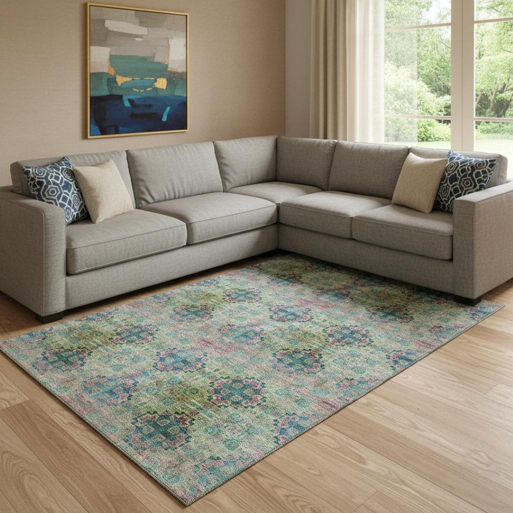 HomeRoots 9' X 12' Floral Medallion Area Rug in Green, Blush & Teal - Washable, UV-Protected & Durable Design 648927