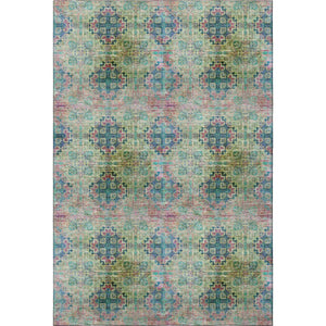 HomeRoots 9' X 12' Floral Medallion Area Rug in Green, Blush & Teal - Washable, UV-Protected & Durable Design 648927
