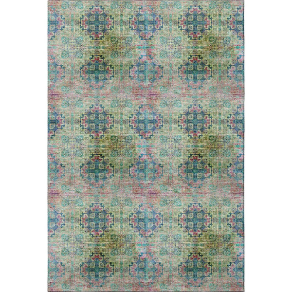 HomeRoots 9' X 12' Floral Medallion Area Rug in Green, Blush & Teal - Washable, UV-Protected & Durable Design 648927