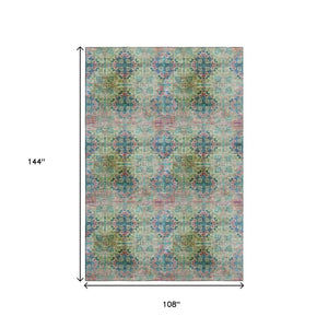 HomeRoots 9' X 12' Floral Medallion Area Rug in Green, Blush & Teal - Washable, UV-Protected & Durable Design 648927