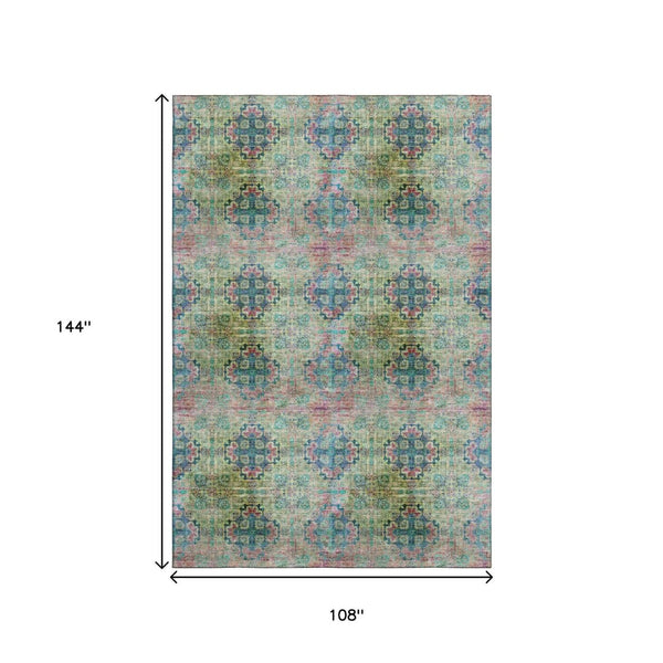 HomeRoots 9' X 12' Floral Medallion Area Rug in Green, Blush & Teal - Washable, UV-Protected & Durable Design 648927