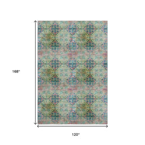 HomeRoots 10' X 14' Floral Medallion Washable Area Rug in Green, Blush, Teal - UV Protected for Busy Homes 648928