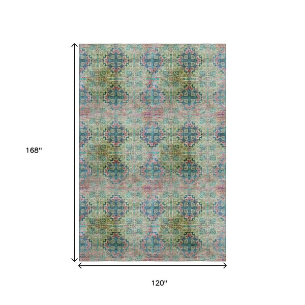 HomeRoots 10' X 14' Floral Medallion Washable Area Rug in Green, Blush, Teal - UV Protected for Busy Homes 648928