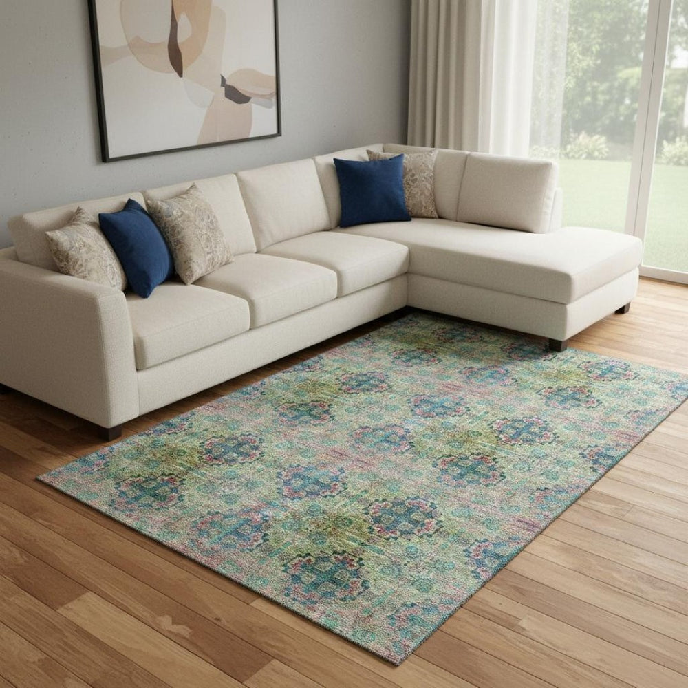 HomeRoots 10' X 14' Floral Medallion Washable Area Rug in Green, Blush, Teal - UV Protected for Busy Homes 648928