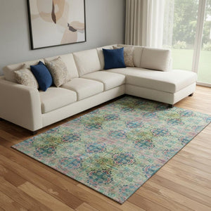 HomeRoots 10' X 14' Floral Medallion Washable Area Rug in Green, Blush, Teal - UV Protected for Busy Homes 648928