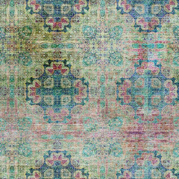 HomeRoots 10' X 14' Floral Medallion Washable Area Rug in Green, Blush, Teal - UV Protected for Busy Homes 648928
