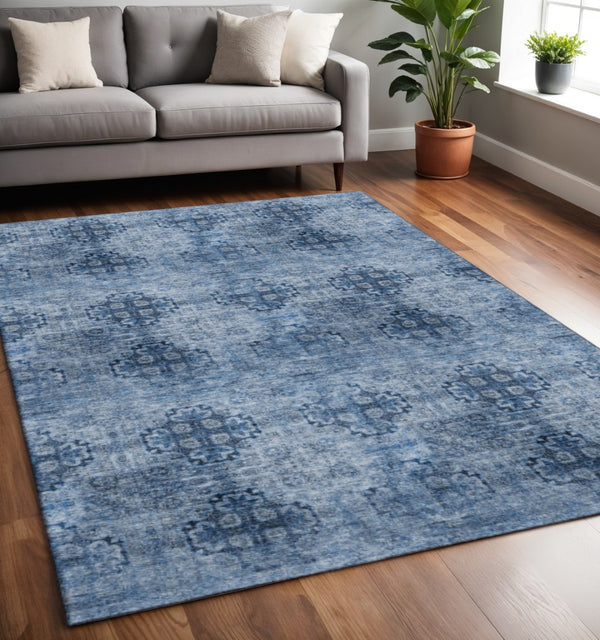 HomeRoots 5' Navy Blue & Ivory Floral Medallion Area Rug - Washable, UV Protected, Durable for High-Traffic Areas 648930