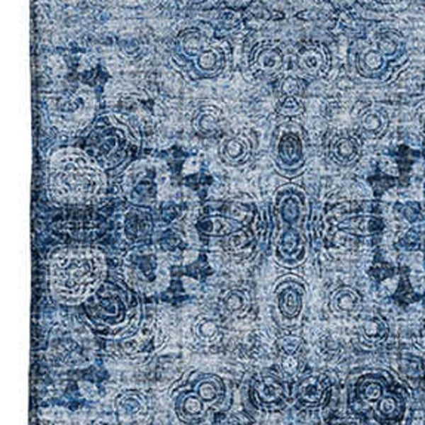 HomeRoots 5' Navy Blue & Ivory Floral Medallion Area Rug - Washable, UV Protected, Durable for High-Traffic Areas 648930