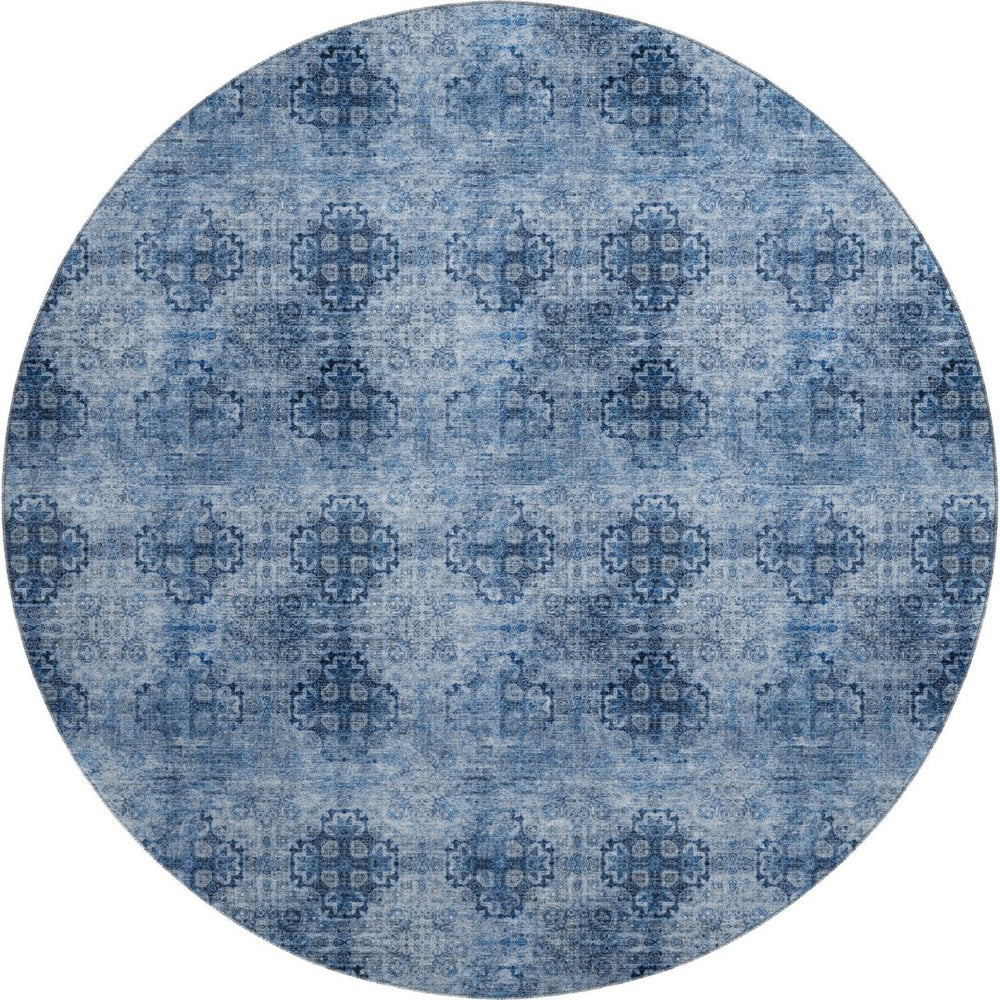 HomeRoots 8' Navy Blue Floral Medallion Round Rug - Washable, UV-Protected, Durable & Easy to Maintain for Homes 648931