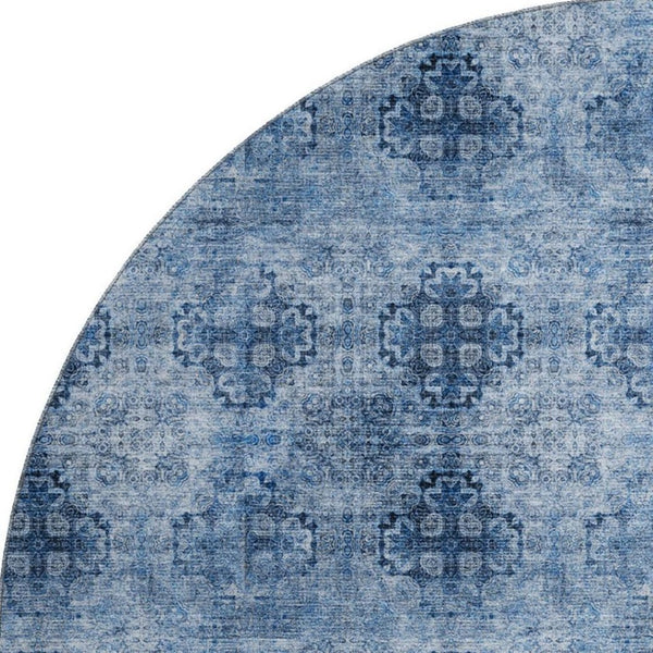 HomeRoots 8' Navy Blue Floral Medallion Round Rug - Washable, UV-Protected, Durable & Easy to Maintain for Homes 648931