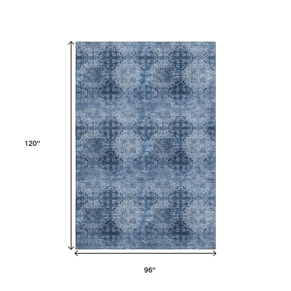 HomeRoots 8' X 10' Navy Blue and Ivory Floral Medallion Area Rug – Durable, Washable, UV-Protected Elegance! 648932