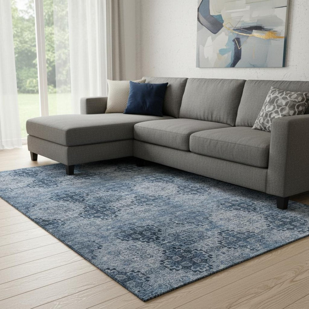 HomeRoots 8' X 10' Navy Blue and Ivory Floral Medallion Area Rug – Durable, Washable, UV-Protected Elegance! 648932
