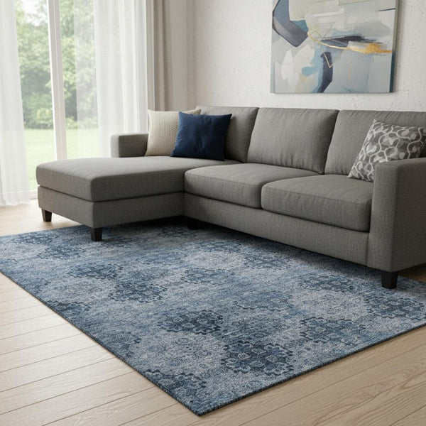 HomeRoots 8' X 10' Navy Blue and Ivory Floral Medallion Area Rug – Durable, Washable, UV-Protected Elegance! 648932