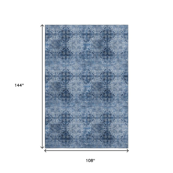 HomeRoots 9' X 12' Navy Blue Floral Medallion Area Rug - Washable, Stain-Resistant & UV-Protected Design! 648933