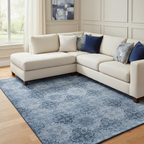 HomeRoots 9' X 12' Navy Blue Floral Medallion Area Rug - Washable, Stain-Resistant & UV-Protected Design! 648933