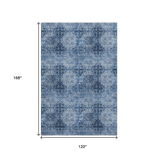 HomeRoots 10' X 14' Navy Blue Floral Medallion Area Rug - Washable, UV Protected, Durable for Family Living Spaces 648934