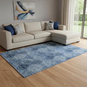 HomeRoots 10' X 14' Navy Blue Floral Medallion Area Rug - Washable, UV Protected, Durable for Family Living Spaces 648934