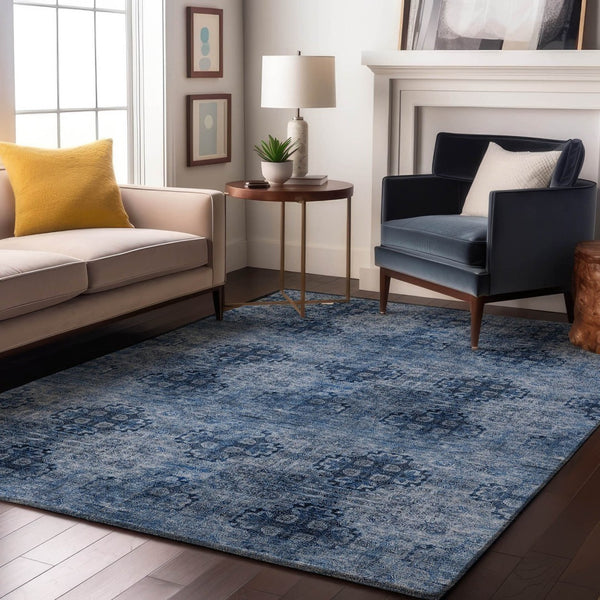 HomeRoots 10' X 14' Navy Blue Floral Medallion Area Rug - Washable, UV Protected, Durable for Family Living Spaces 648934
