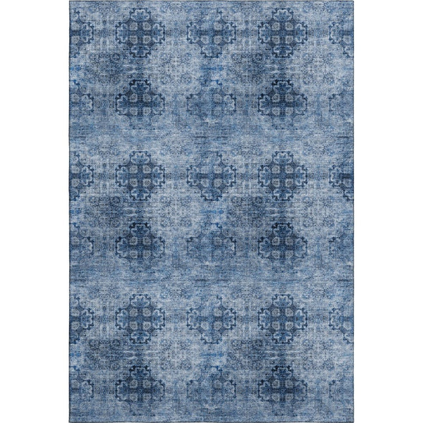 HomeRoots 10' X 14' Navy Blue Floral Medallion Area Rug - Washable, UV Protected, Durable for Family Living Spaces 648934