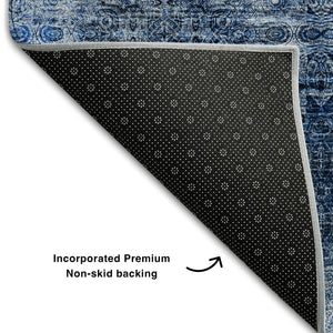 HomeRoots 10' X 14' Navy Blue Floral Medallion Area Rug - Washable, UV Protected, Durable for Family Living Spaces 648934