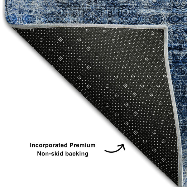 HomeRoots 10' X 14' Navy Blue Floral Medallion Area Rug - Washable, UV Protected, Durable for Family Living Spaces 648934