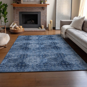 HomeRoots 10' X 14' Navy Blue Floral Medallion Area Rug - Washable, UV Protected, Durable for Family Living Spaces 648934