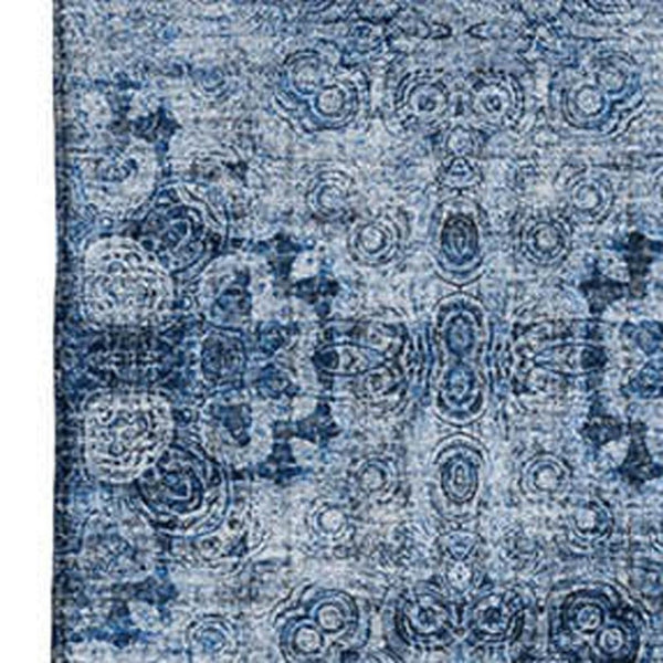 HomeRoots 10' X 14' Navy Blue Floral Medallion Area Rug - Washable, UV Protected, Durable for Family Living Spaces 648934