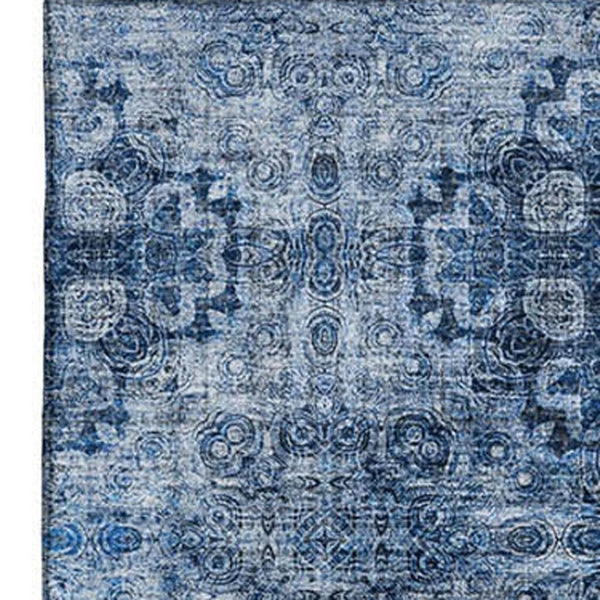 HomeRoots 10' X 14' Navy Blue Floral Medallion Area Rug - Washable, UV Protected, Durable for Family Living Spaces 648934