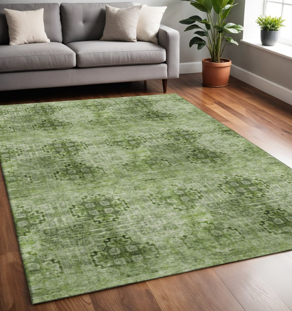 HomeRoots 5' X 8' Olive Green Floral Medallion Area Rug - Durable, Washable, UV Protected for Easy Care & Style 648936