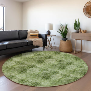 HomeRoots 8' Olive Green Floral Medallion Washable Round Rug - Durable, UV-Protected, Ideal for Families & Pets 648937