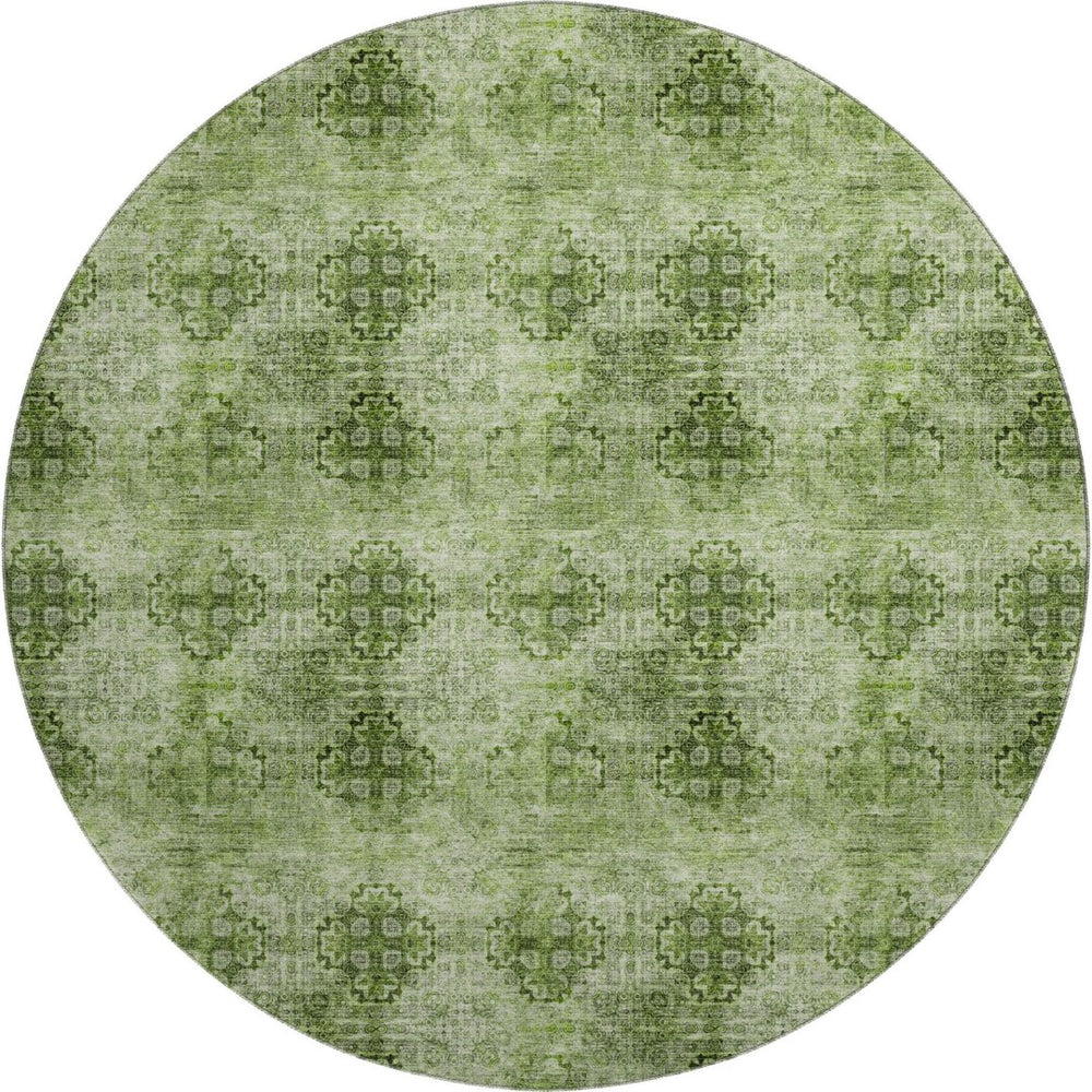 HomeRoots 8' Olive Green Floral Medallion Washable Round Rug - Durable, UV-Protected, Ideal for Families & Pets 648937