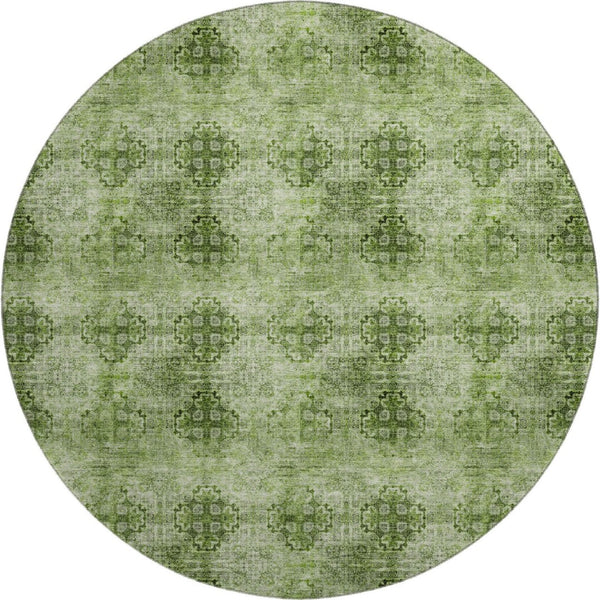 HomeRoots 8' Olive Green Floral Medallion Washable Round Rug - Durable, UV-Protected, Ideal for Families & Pets 648937