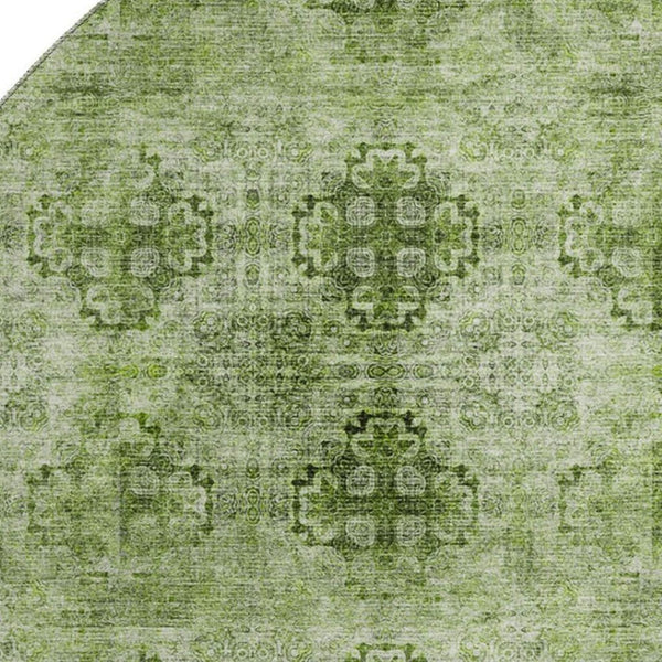 HomeRoots 8' Olive Green Floral Medallion Washable Round Rug - Durable, UV-Protected, Ideal for Families & Pets 648937