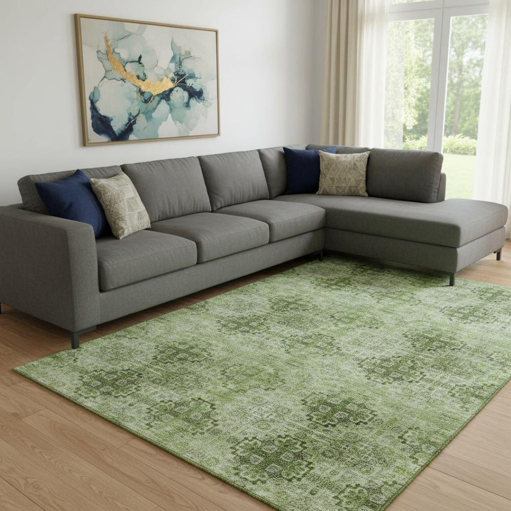 HomeRoots 9' Olive Green & Ivory Floral Medallion Area Rug: Washable, UV Protected, Durable for High-Traffic Spaces 648939