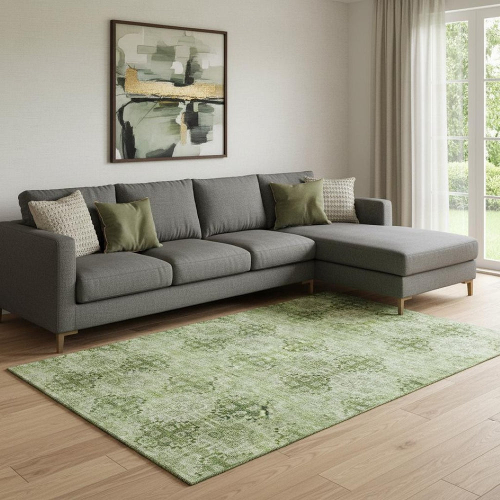 HomeRoots 10' X 14' Olive Green Floral Medallion Area Rug – Washable, UV-Protected, Perfect for Busy Homes! 648940