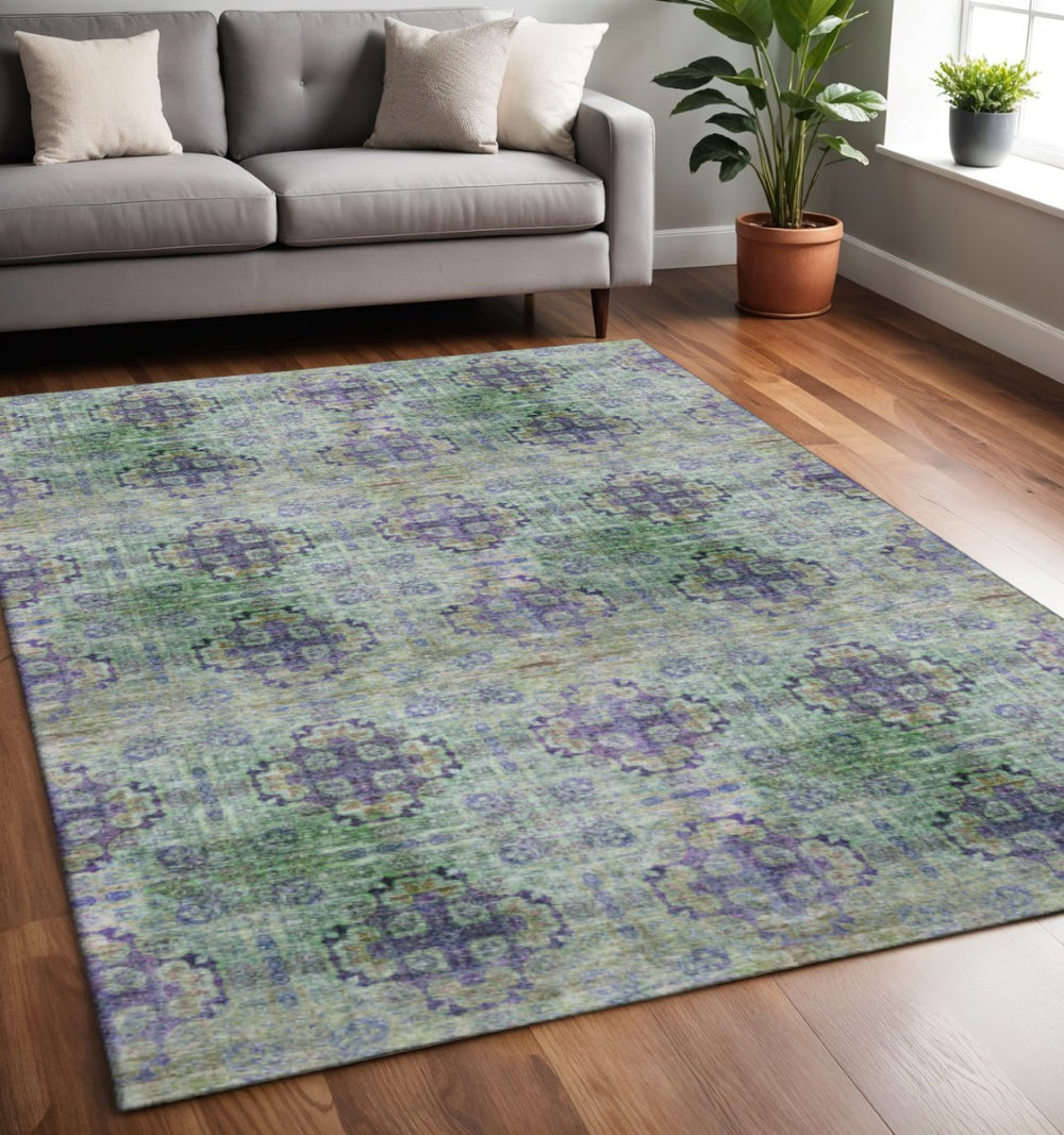 HomeRoots 5' X 8' Elegant Purple Green Ivory Floral Medallion Washable Area Rug with UV Protection for Homes 648942
