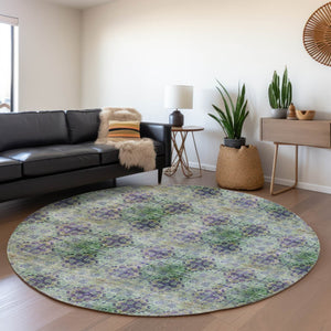 HomeRoots 8' Floral Medallion Round Rug in Purple, Green & Ivory - Washable, UV Protected & Stain Resistant! 648943