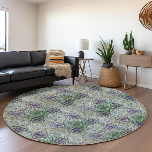 HomeRoots 8' Floral Medallion Round Rug in Purple, Green & Ivory - Washable, UV Protected & Stain Resistant! 648943