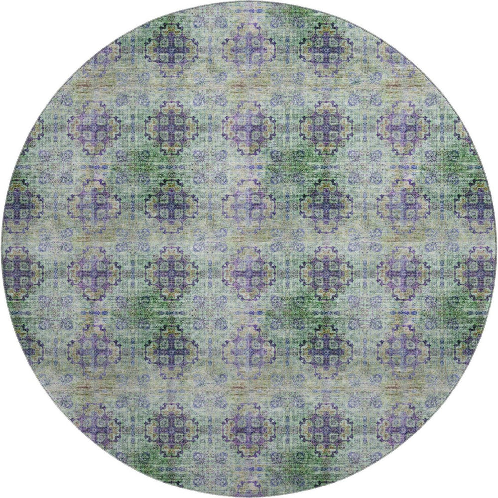 HomeRoots 8' Floral Medallion Round Rug in Purple, Green & Ivory - Washable, UV Protected & Stain Resistant! 648943