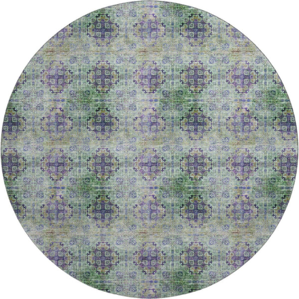 HomeRoots 8' Floral Medallion Round Rug in Purple, Green & Ivory - Washable, UV Protected & Stain Resistant! 648943