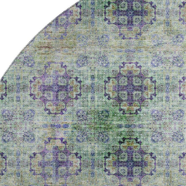 HomeRoots 8' Floral Medallion Round Rug in Purple, Green & Ivory - Washable, UV Protected & Stain Resistant! 648943