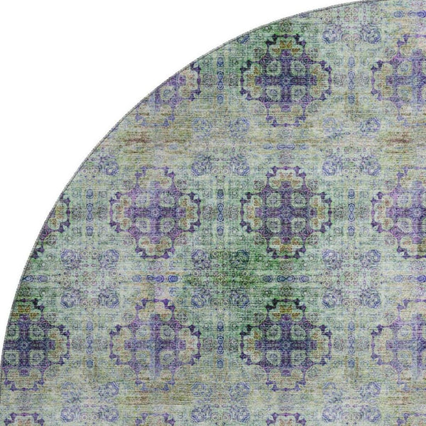 HomeRoots 8' Floral Medallion Round Rug in Purple, Green & Ivory - Washable, UV Protected & Stain Resistant! 648943