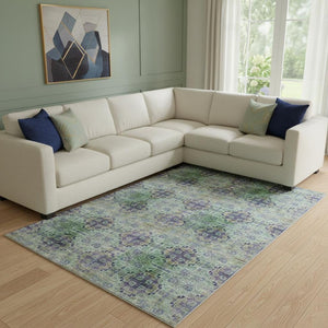 HomeRoots 8' X 10' Floral Medallion Area Rug in Purple, Green & Ivory - Washable, UV Protected & Stain Resistant 648944