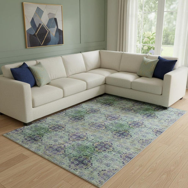 HomeRoots 8' X 10' Floral Medallion Area Rug in Purple, Green & Ivory - Washable, UV Protected & Stain Resistant 648944