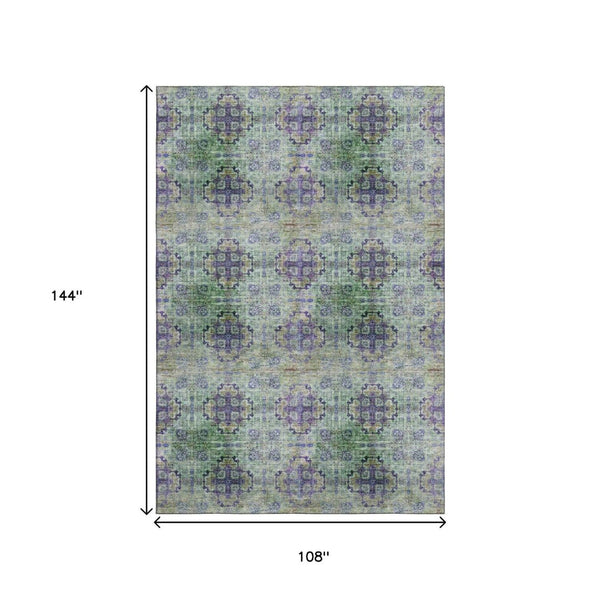 HomeRoots 9' X 12' Elegant Floral Medallion Area Rug - Purple, Green, Ivory - Washable & UV-Resistant Design 648945