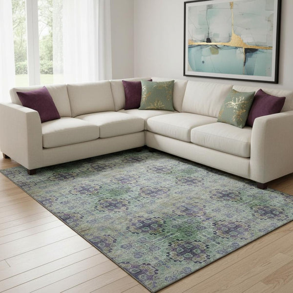 HomeRoots 10' X 14' Floral Medallion Area Rug in Purple, Green & Ivory – Washable, UV-Protected, Durable Style 648946